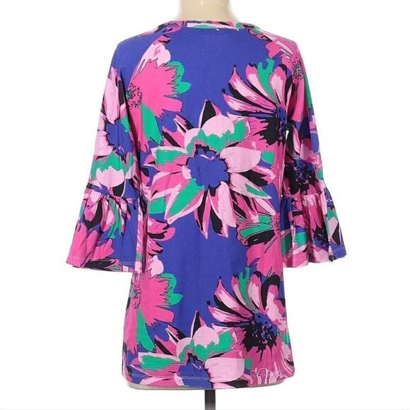 Tracy Negoshian Womens Size XXS Blue & Pink Flowered Blouse W/ Tied Neckline NWT - Picture 2 of 7